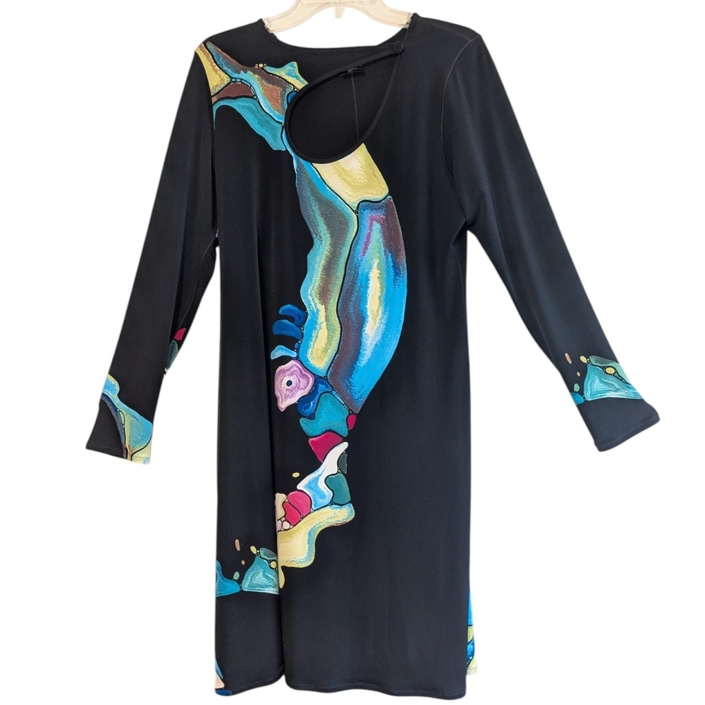 Eva Varro Black Multi Abstract Art Print Long Sleeve Keyhole Cutout Dress XL USA - Picture 2 of 10